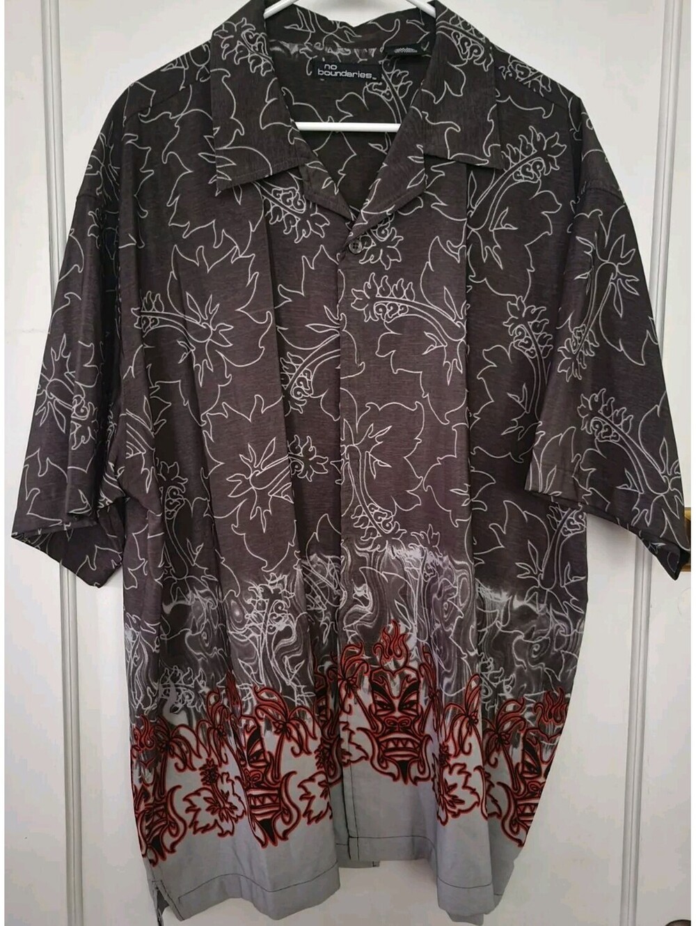 No Boundaries Shirt Flames Palms Tribal Men's 90s Hawaiian 2XL Biker Tropical